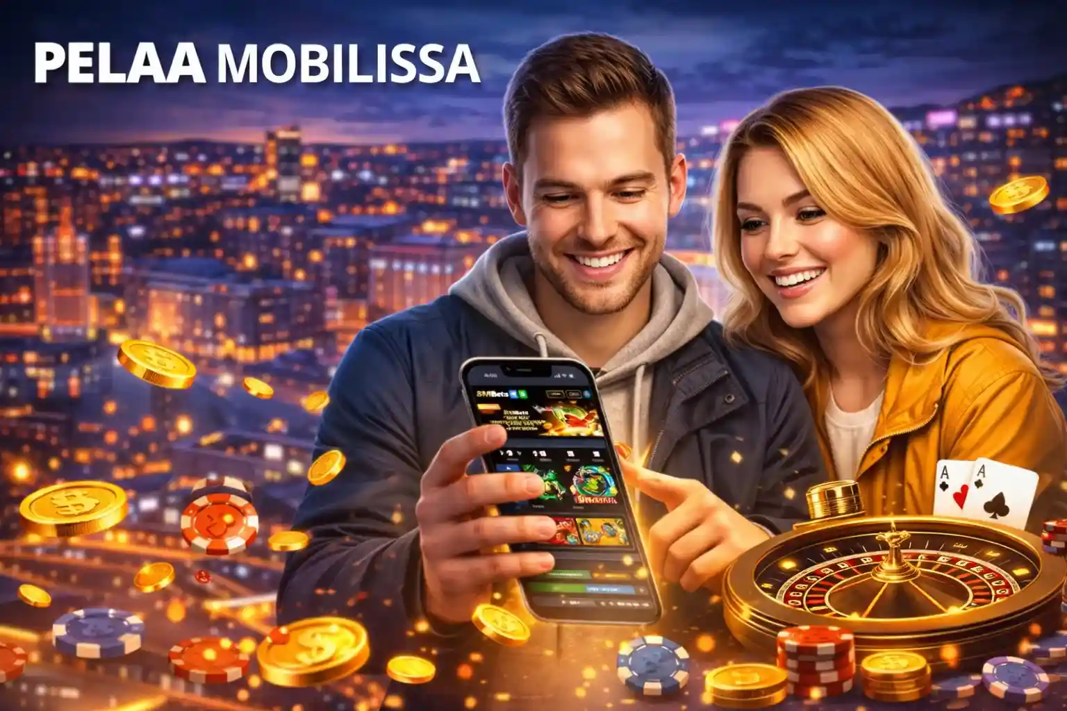 Pelaa mobiilissa Suomalaiset pelaajat pelaavat kasinoa mobiililaitteella iltakaupungin taustalla